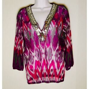 INTERNATIONAL CONCEPTS PURPLE GRAY WHITE 3/4 SLEEVE PULLOVER BLOUSE. WOMEN SMALL